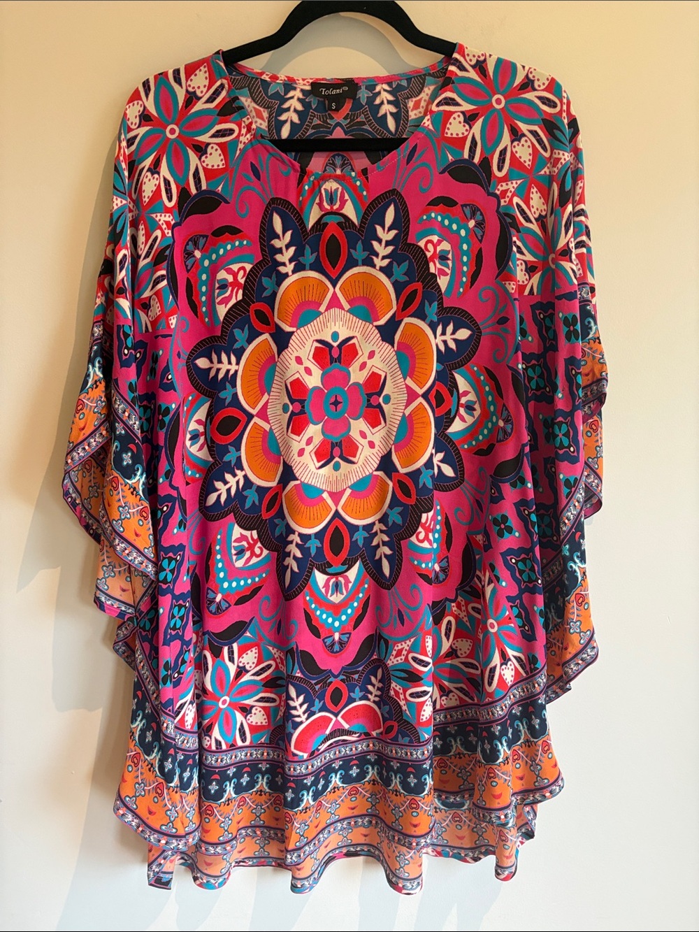 Tolani 100% Silk Boho Medallion Kaftan Tunic Top Small